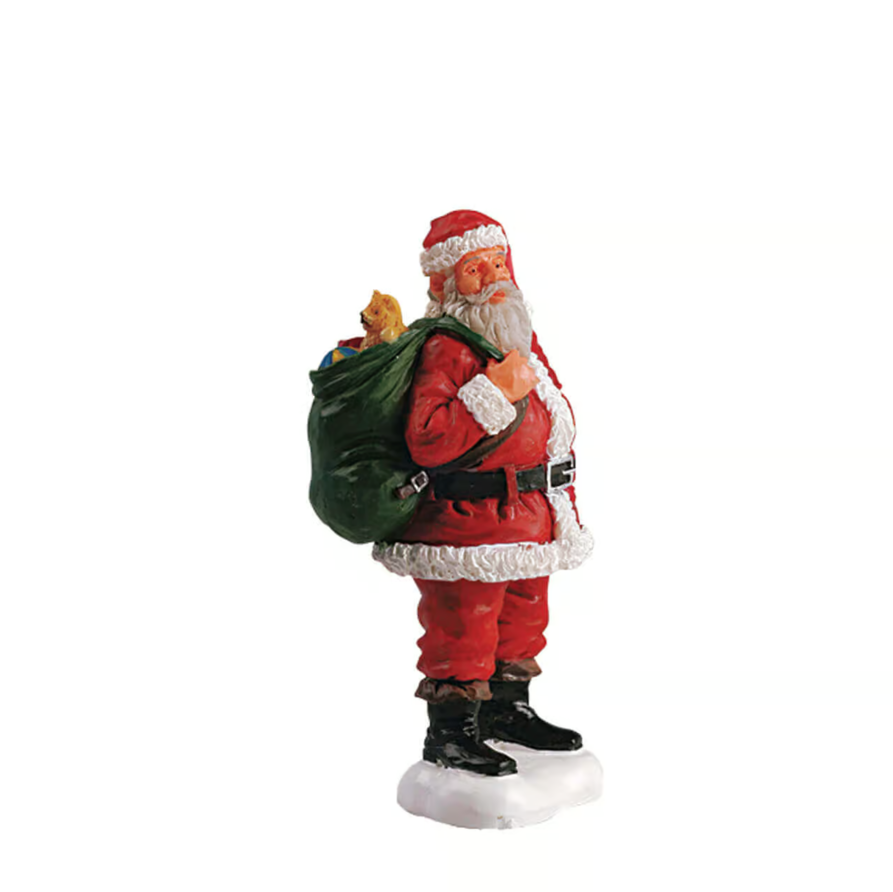 Santa Claus figurine holding a green sack on a white background