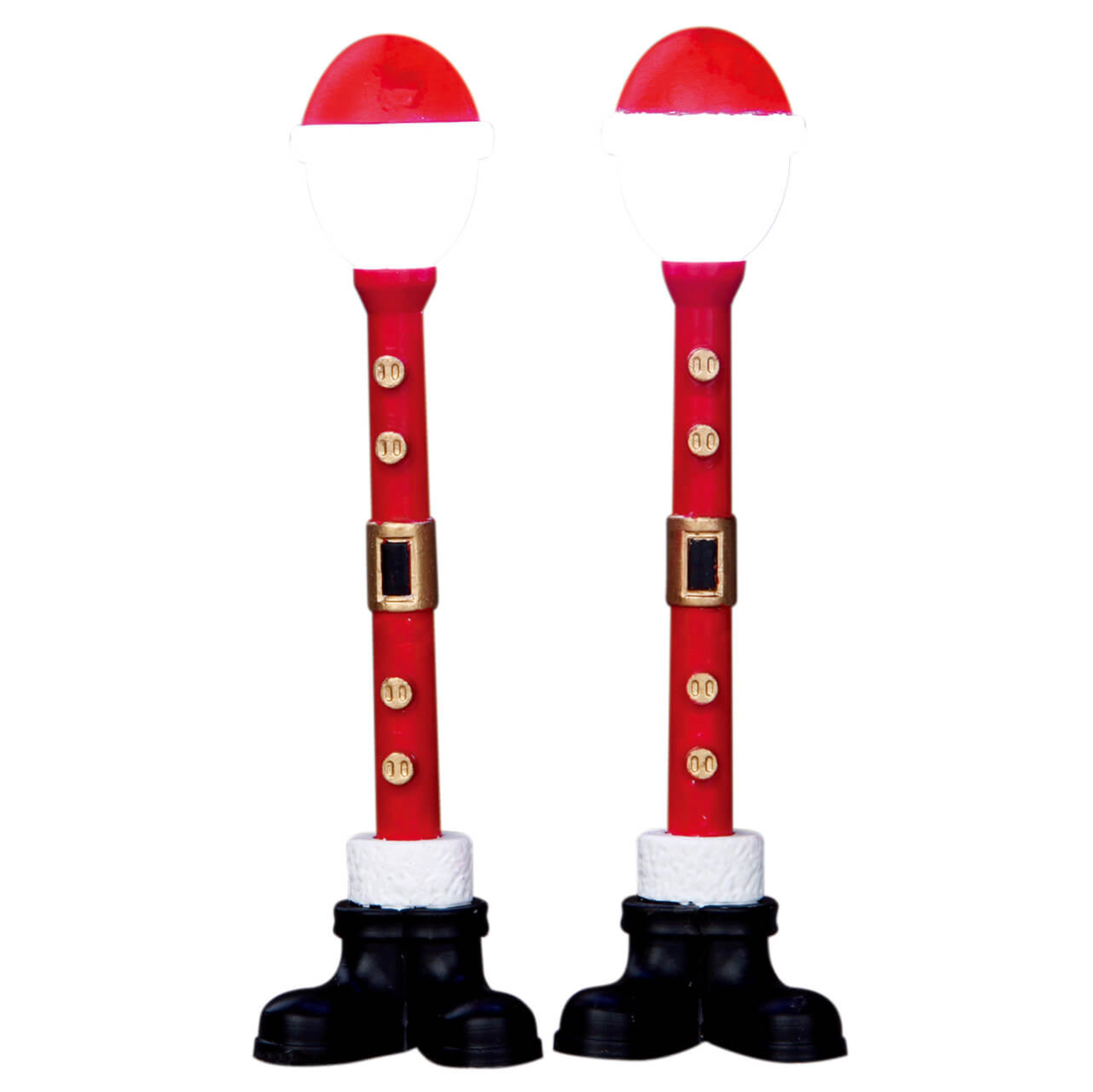 Lemax Red and black Santa light posts with boots with gold buttons on a white background