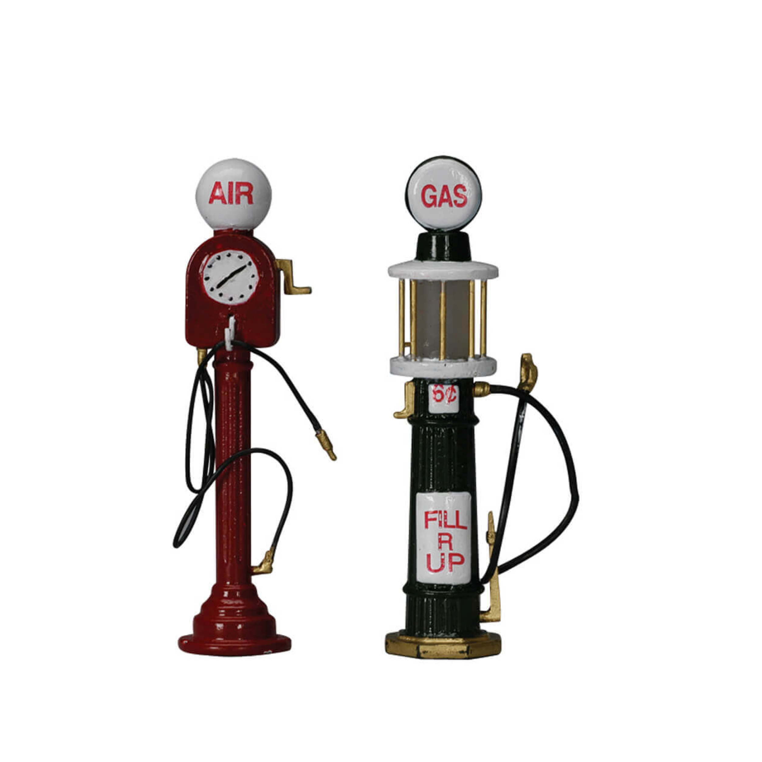 Two vintage-style lemax decorative air and gas pumps on a white background