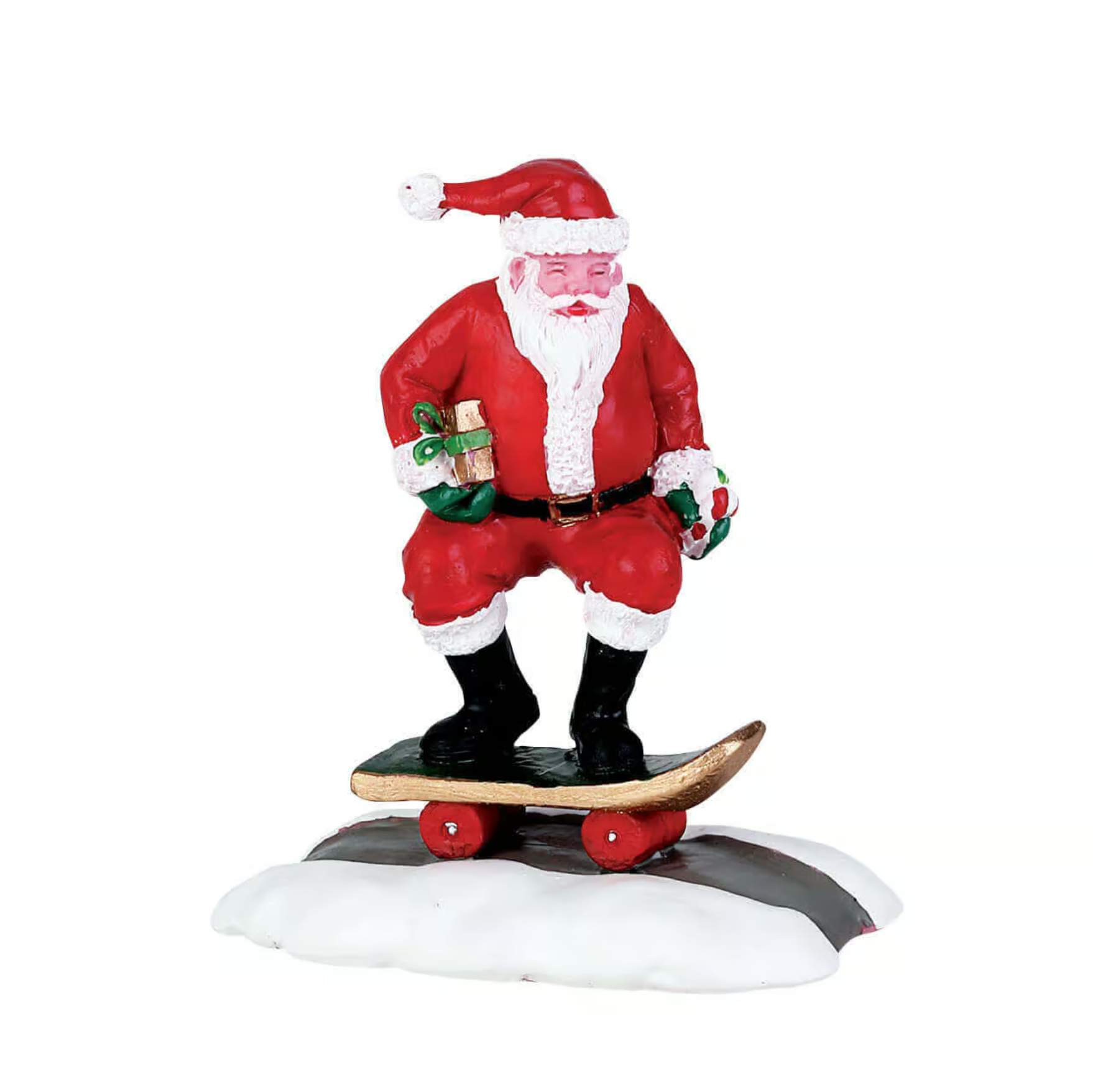 Santa Claus figurine riding a skateboard on a white background