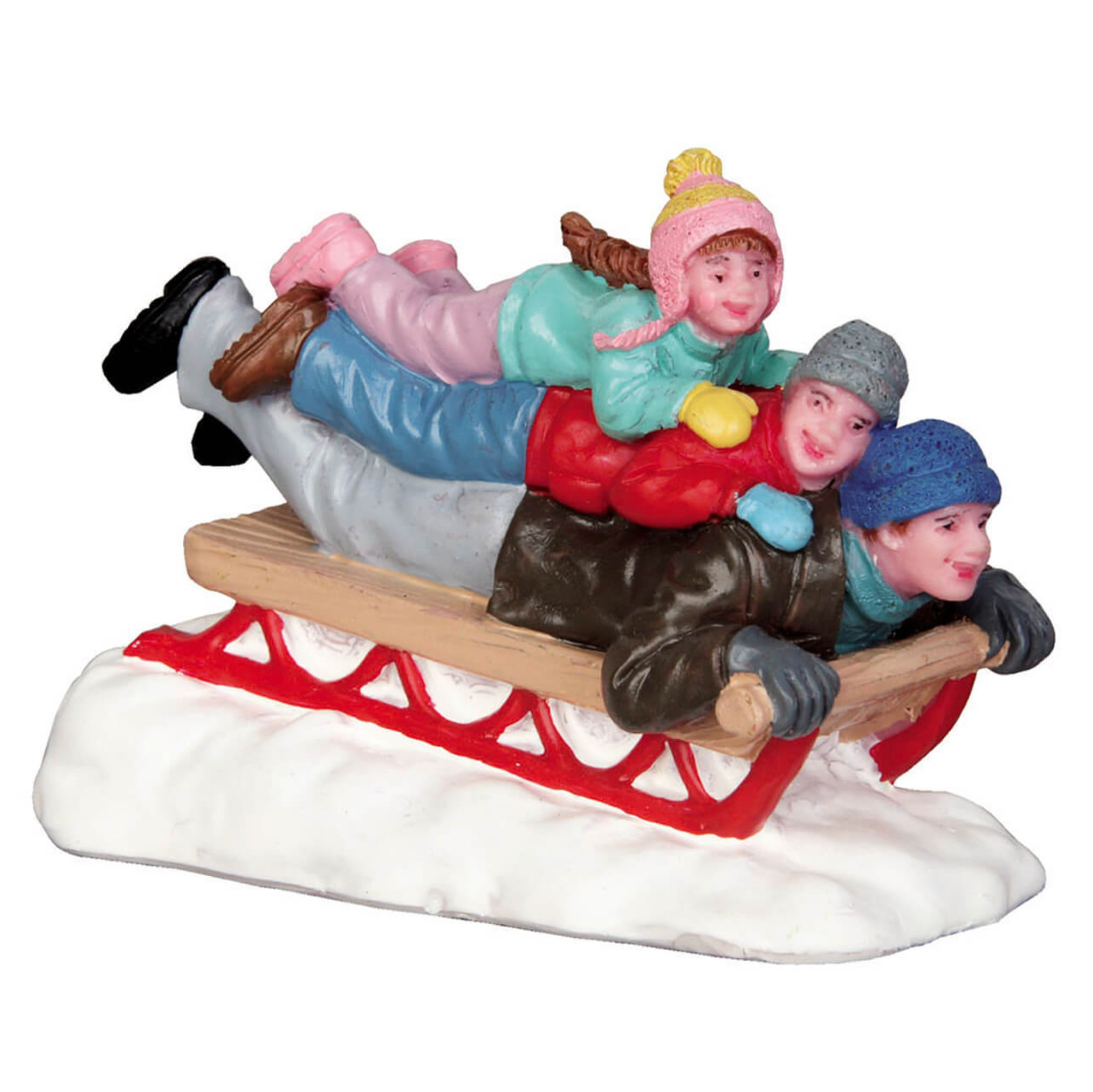 Decorative figurine of children on a sled with a white base