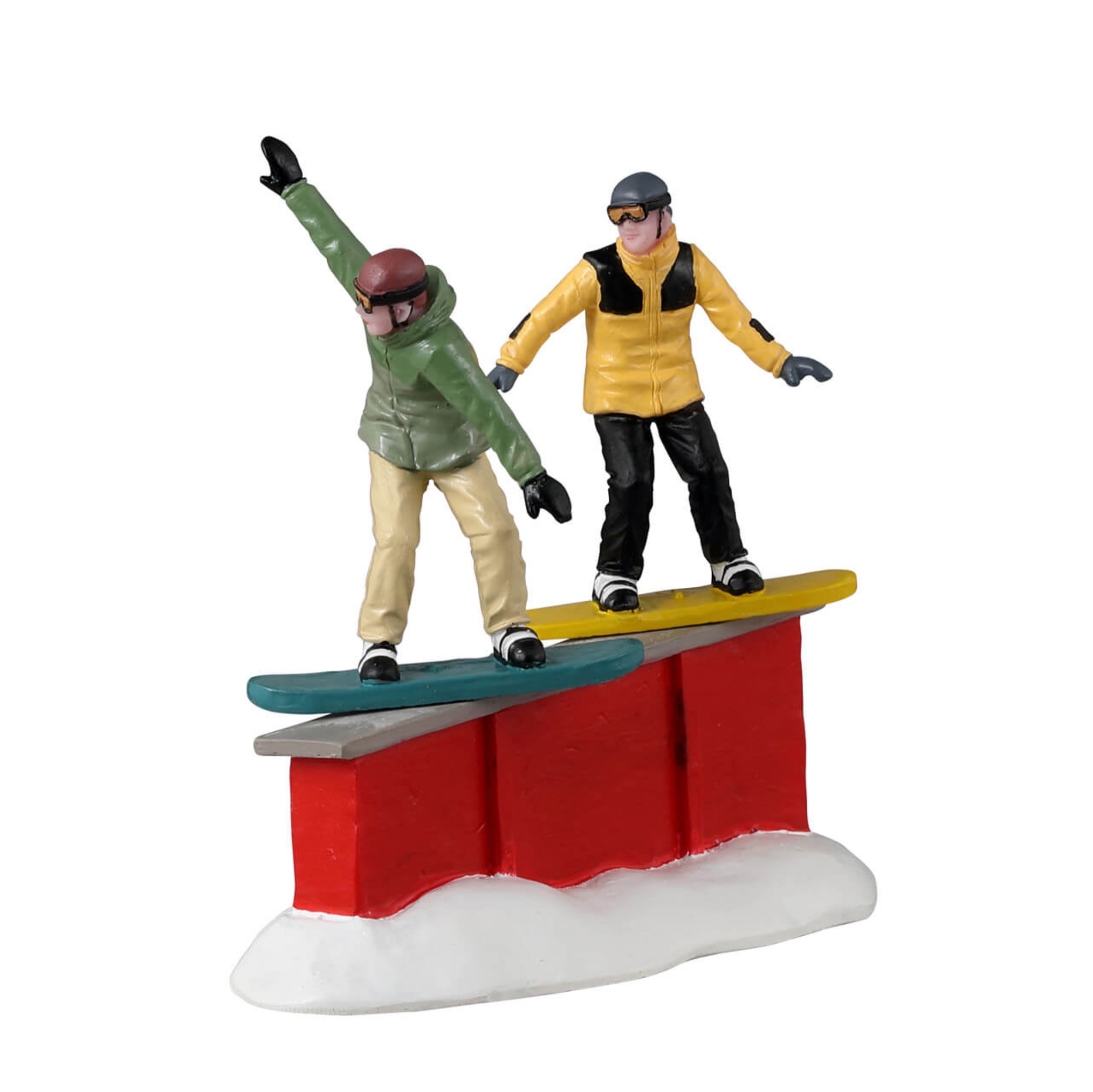 Two figurine Lemax snowboarders on a rail with a white background