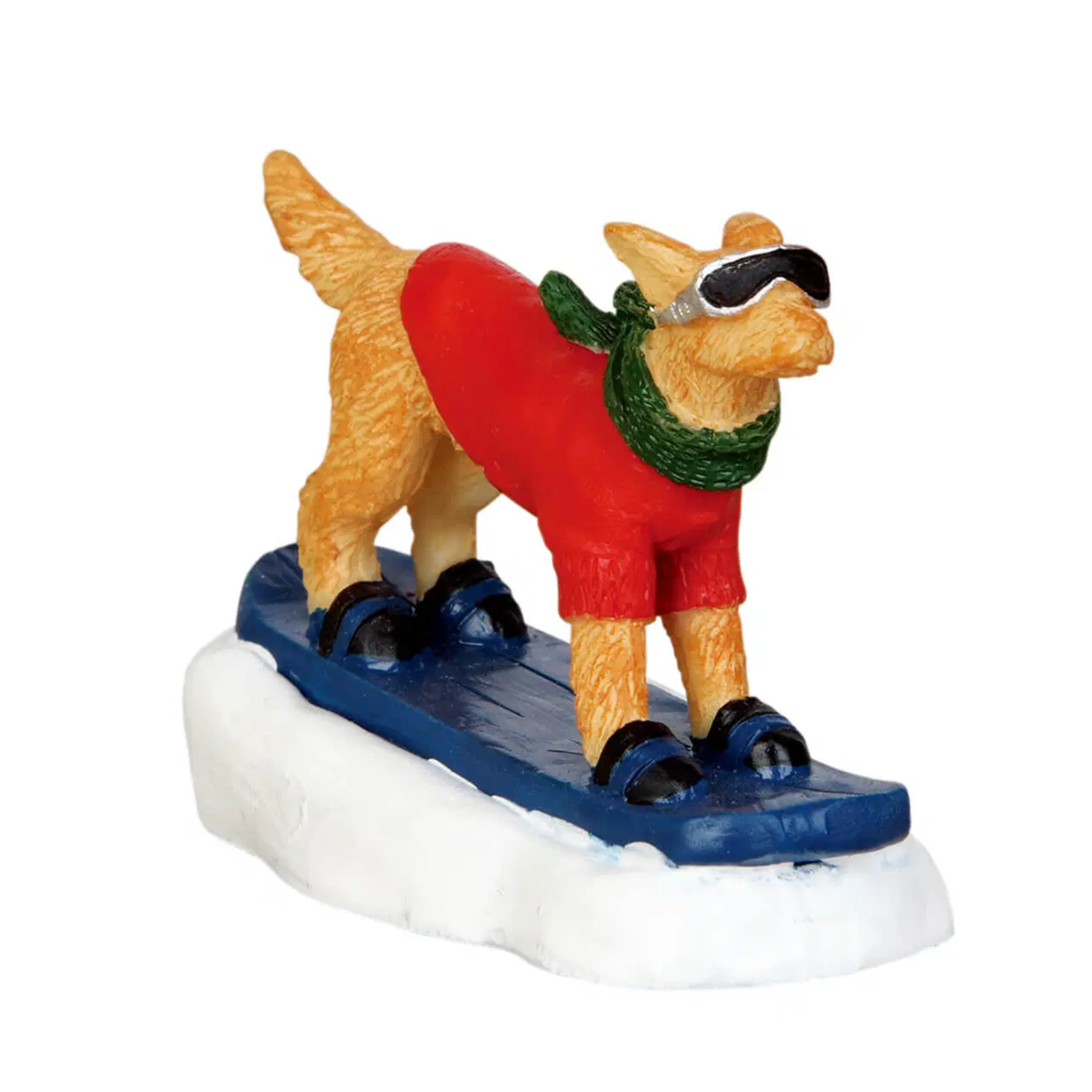 Dog figurine wearing a red sweater and green scarf, standing on a blue snowboard with white base.