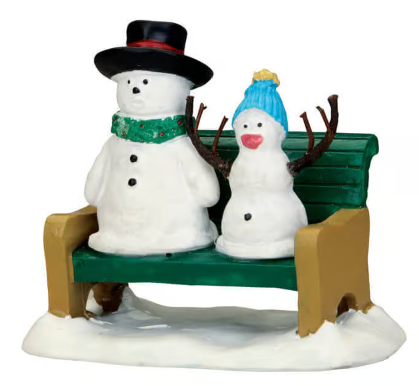 Two snowmen sitting on a bench with one wearing a top hat and green scarf, the other in a blue knit cap.