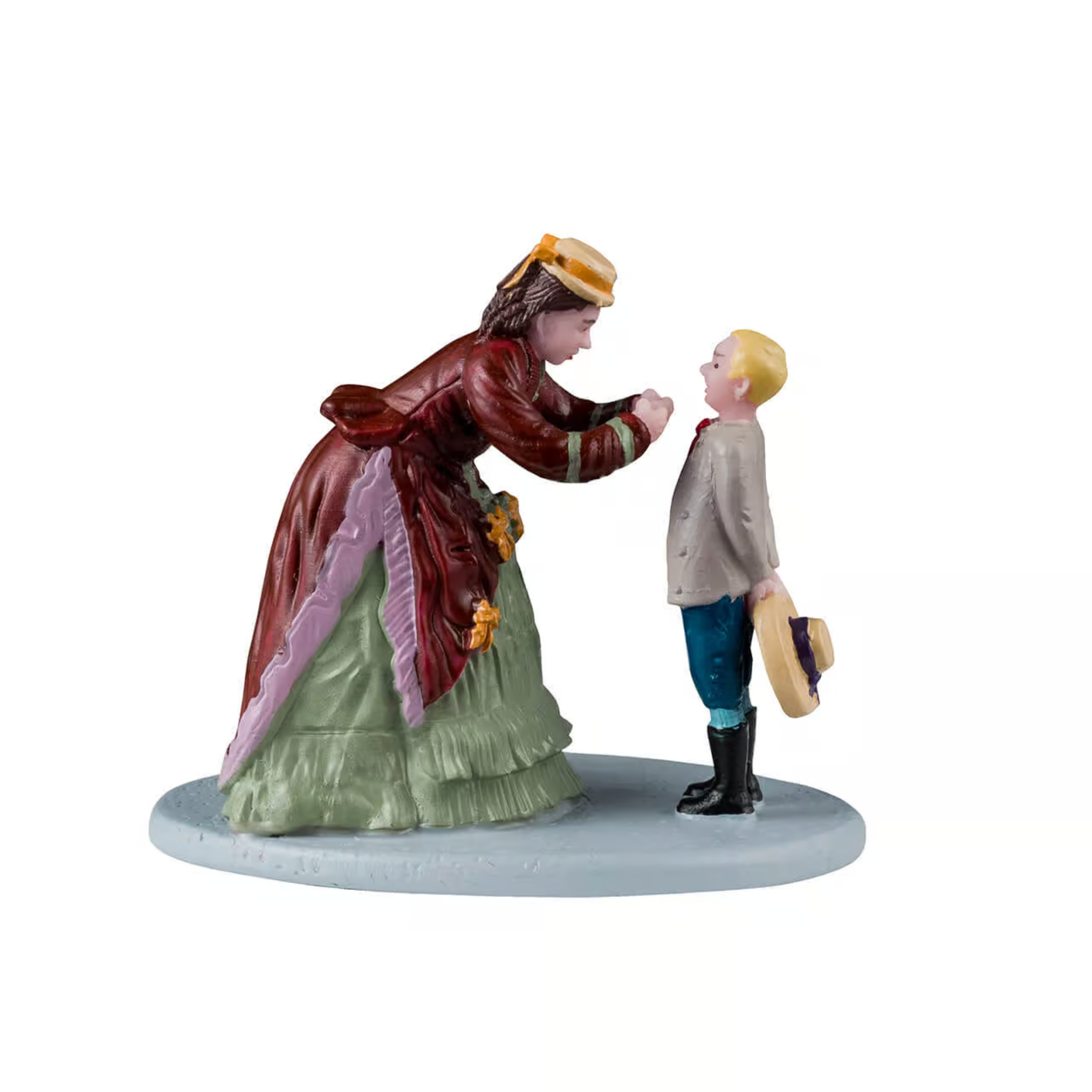 Figurine of a woman and a boy in vintage clothing on a white background