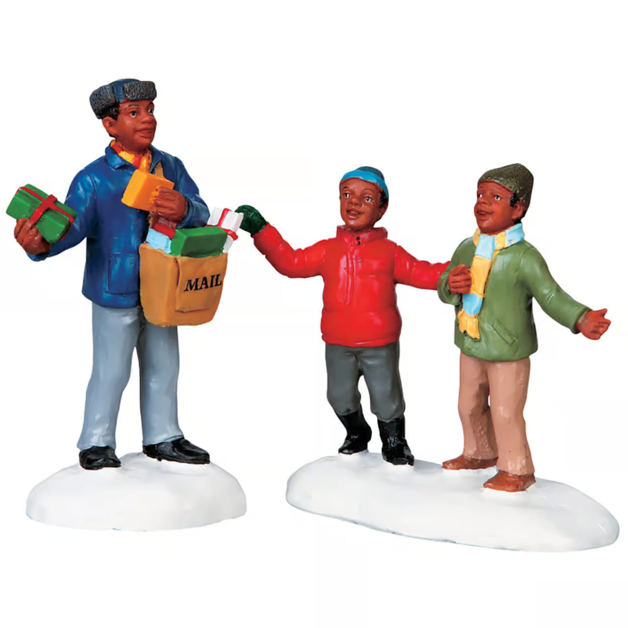Three figurines in winter clothing interacting with each other on a white background