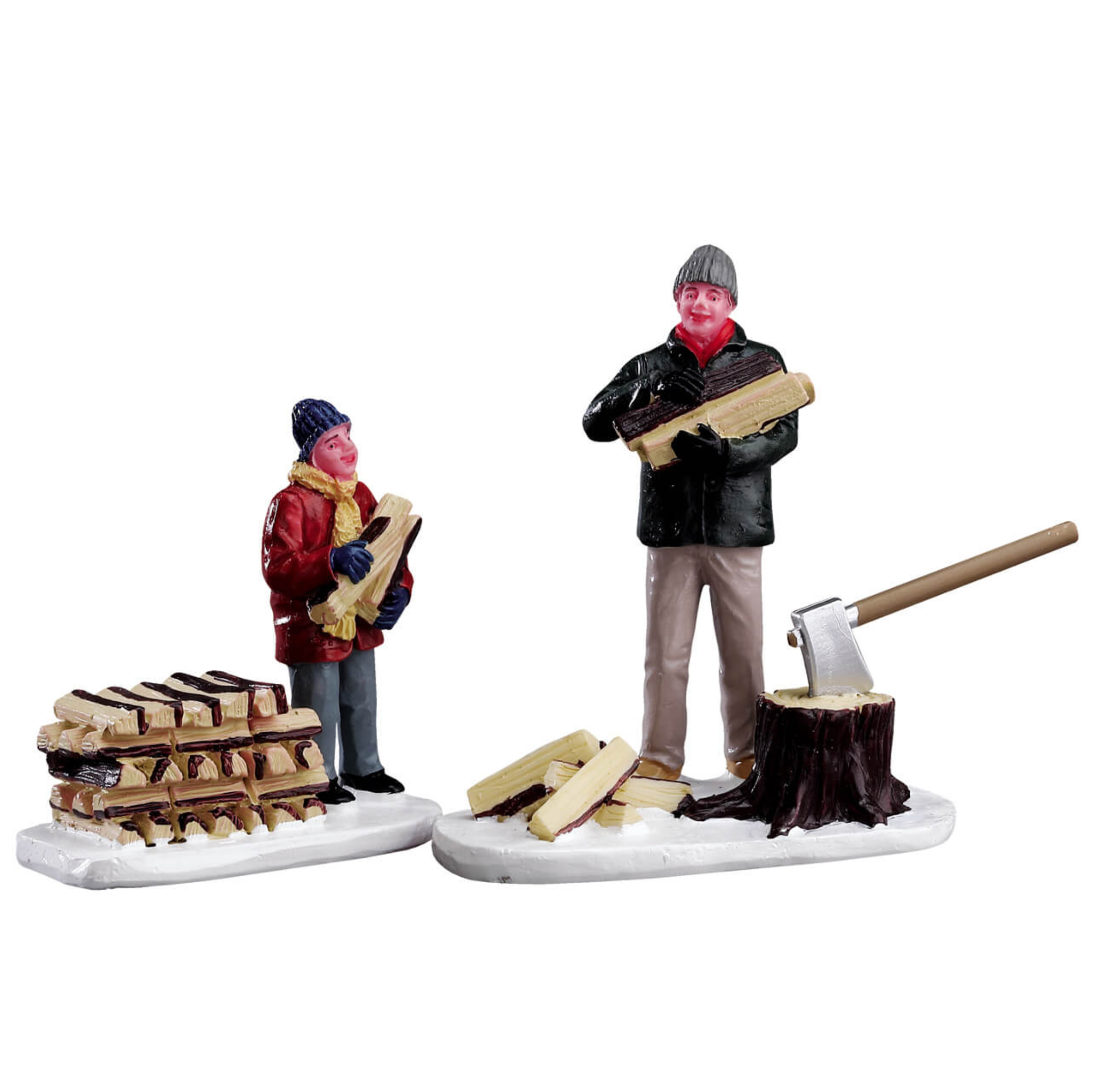Two Lemax Vail Village figurines of loggers with logs and an axe on a white background