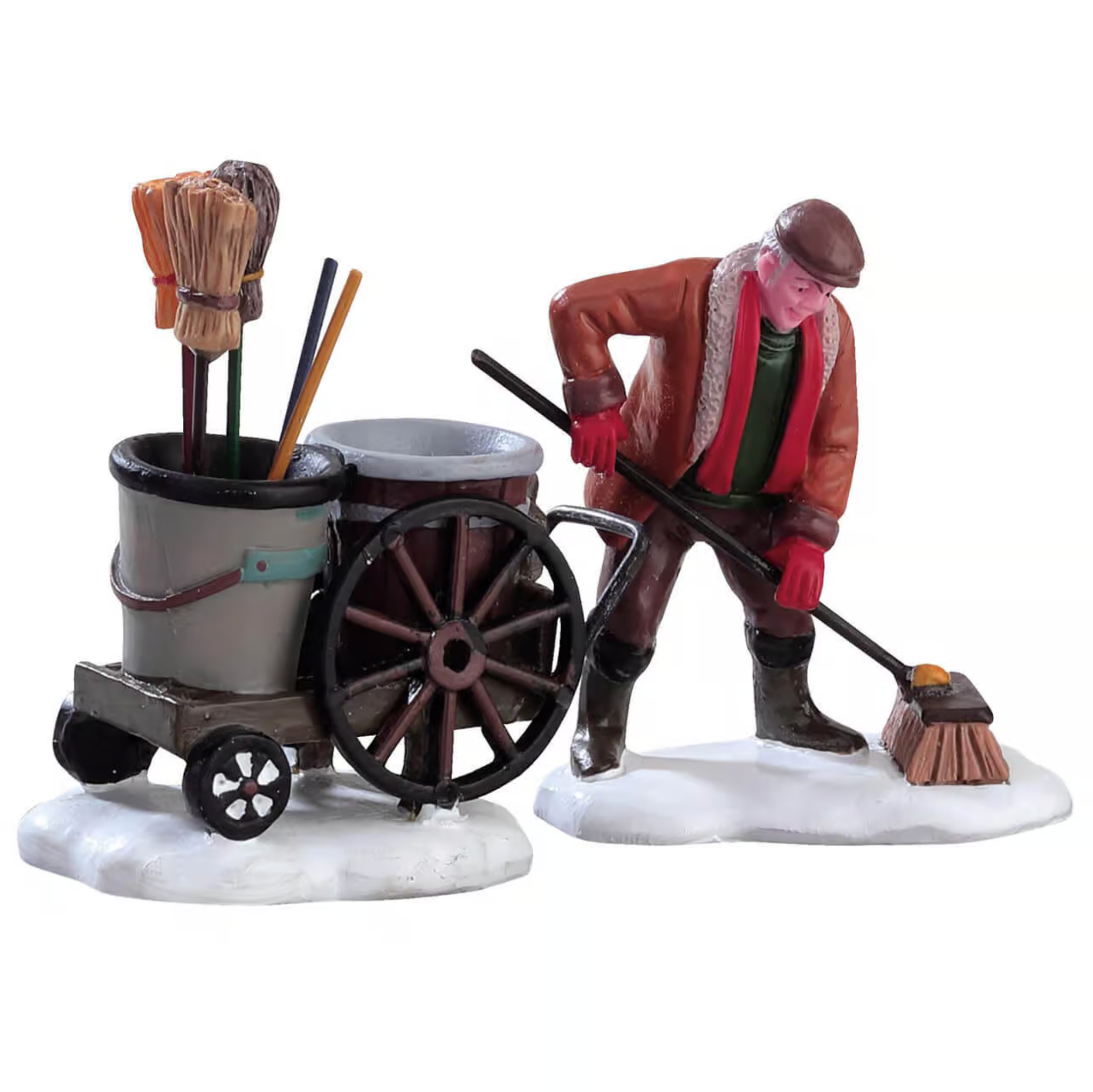 Decorative figurine of a man with a cart full of cleaning supplies on a white background