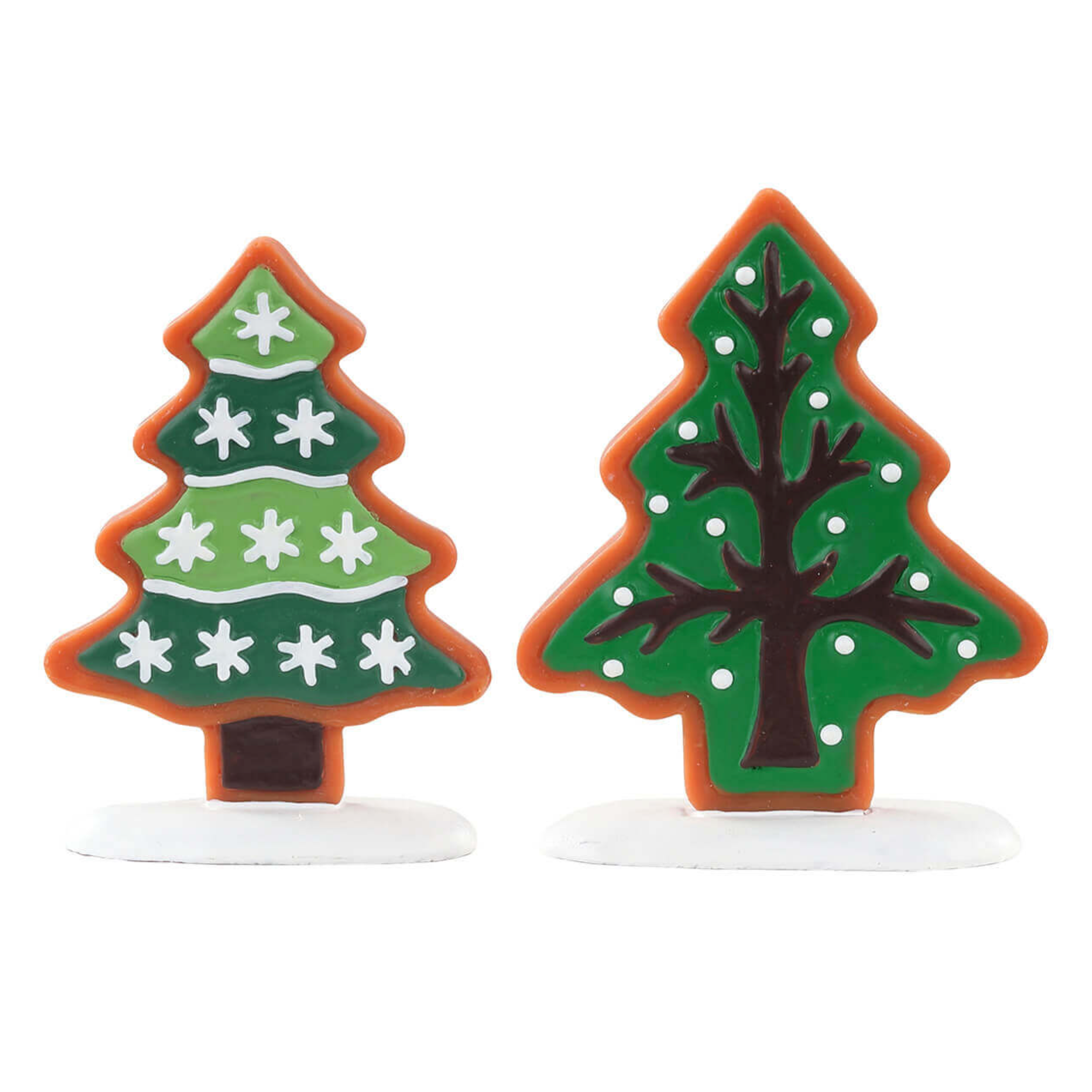 Two Lemax Christmas tree-shaped cookies with decorative elements on a white background