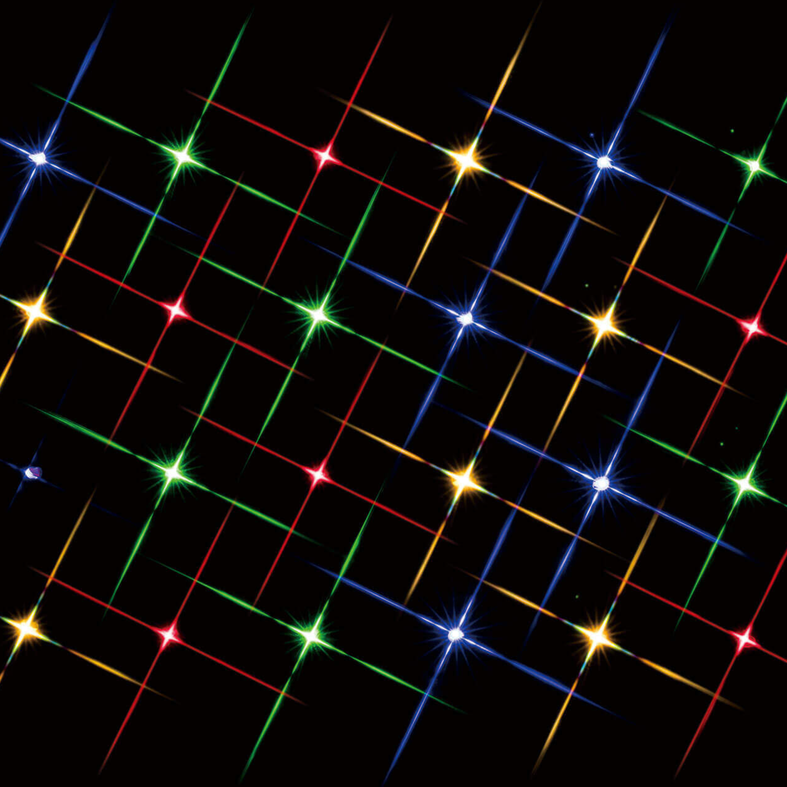 Grid of colourful lights on string on a black background