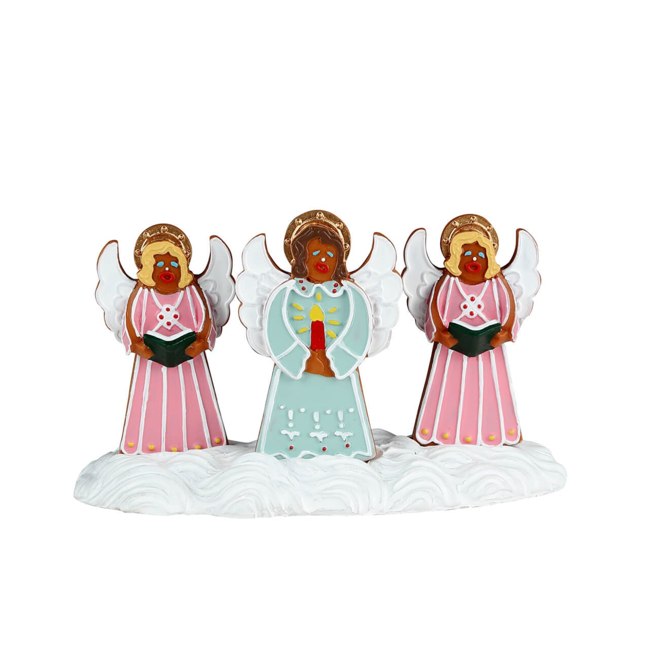 Three gingerbread angel figurines with different colored dresses on a white background