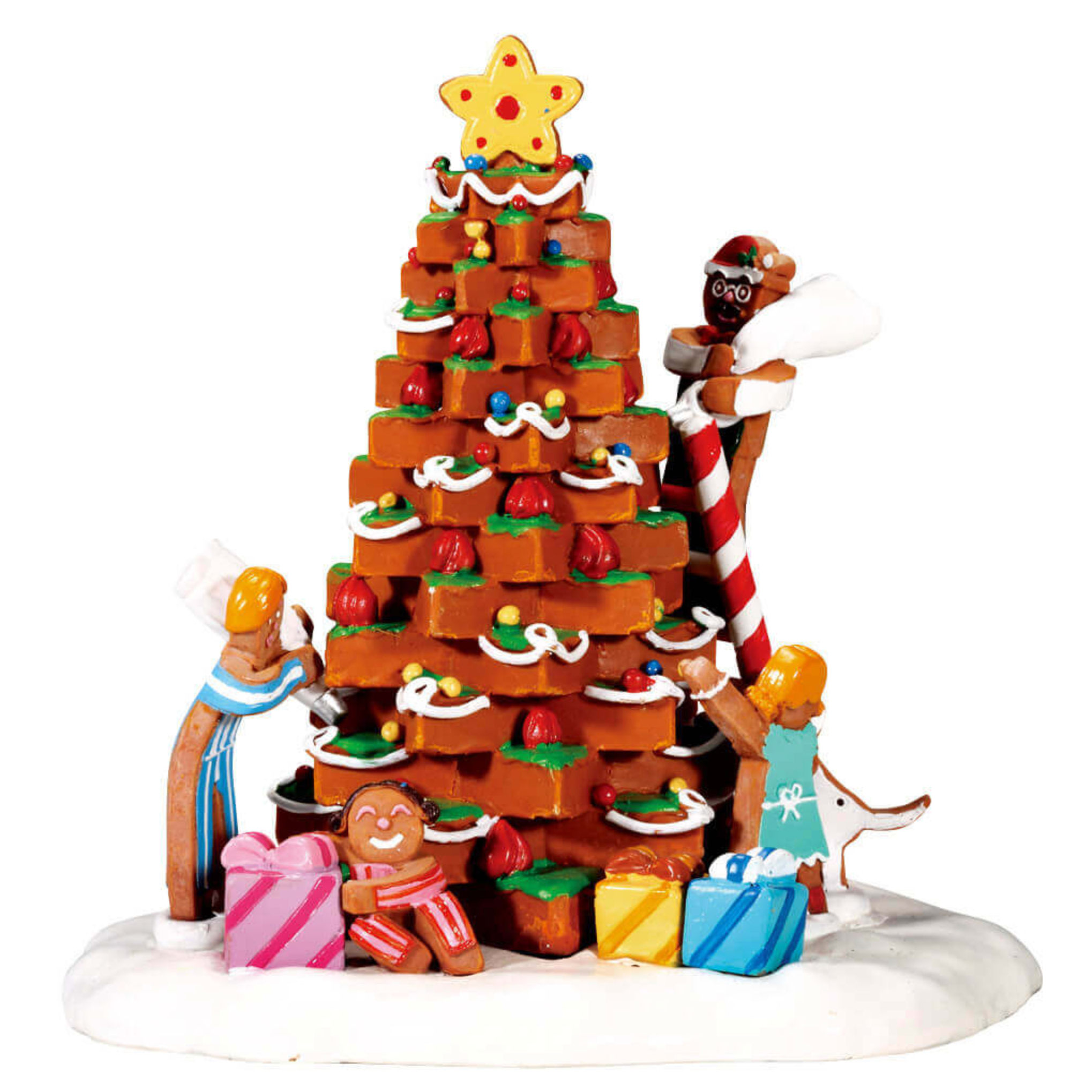 Decorative gingerbread Christmas tree tabel accent with candy decorations on a white background