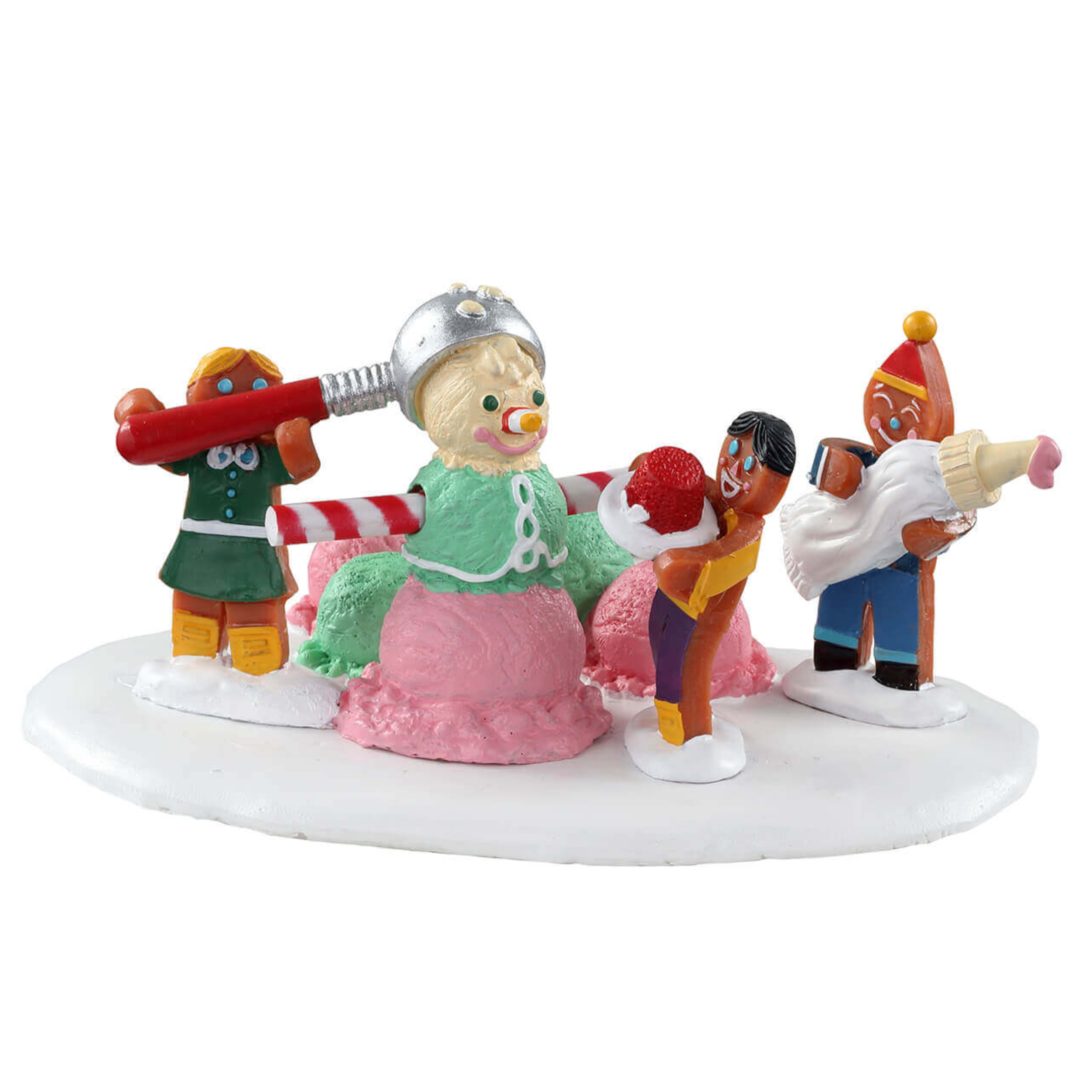 Decorative Sugar and Spice figurine of an ice cream snow man with gingerbread characters on a white background