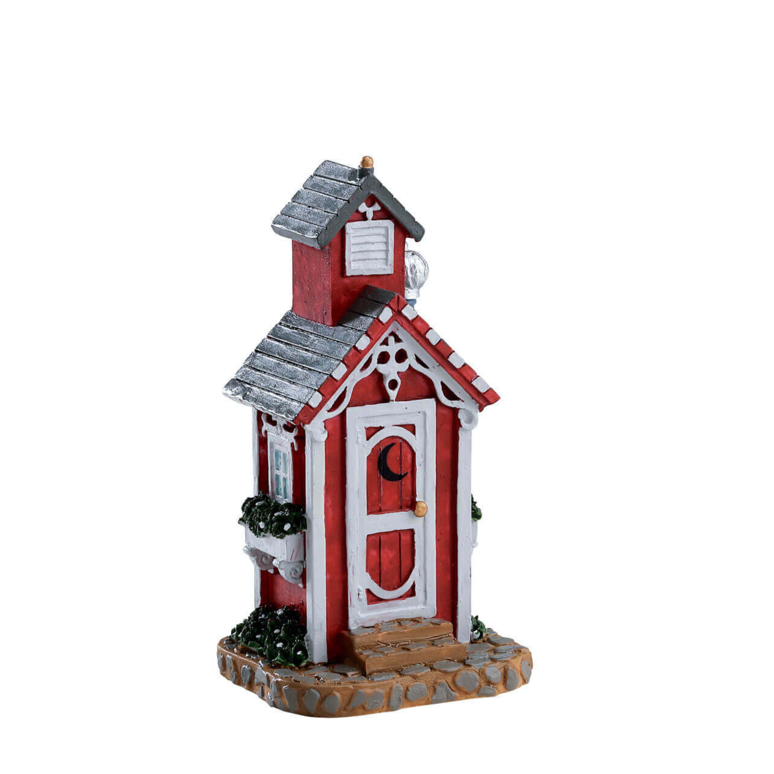Decorative miniature Lemax outhouse on a white background
