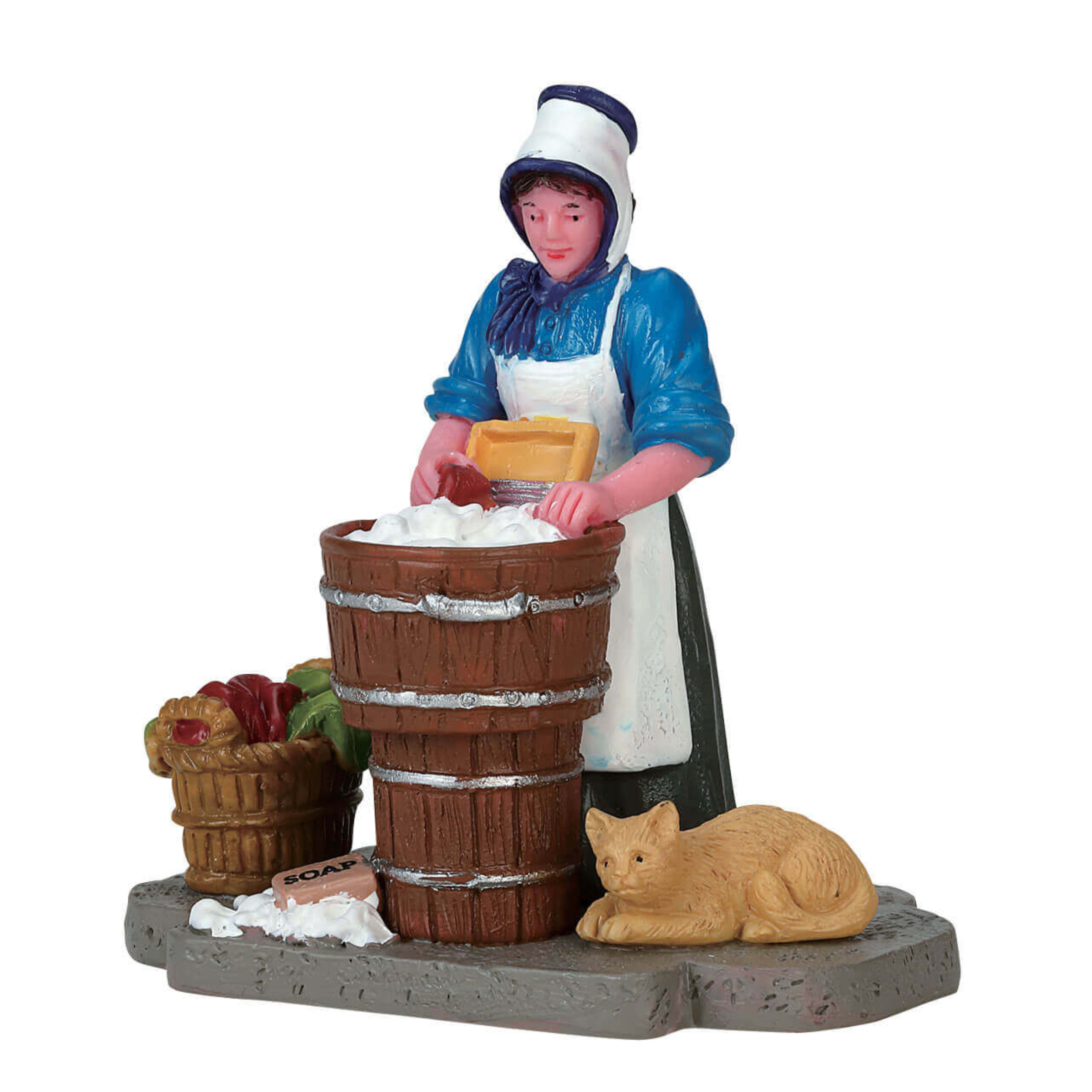 Lemax figurine of a woman wasing clothes in barrel and cat on a white background