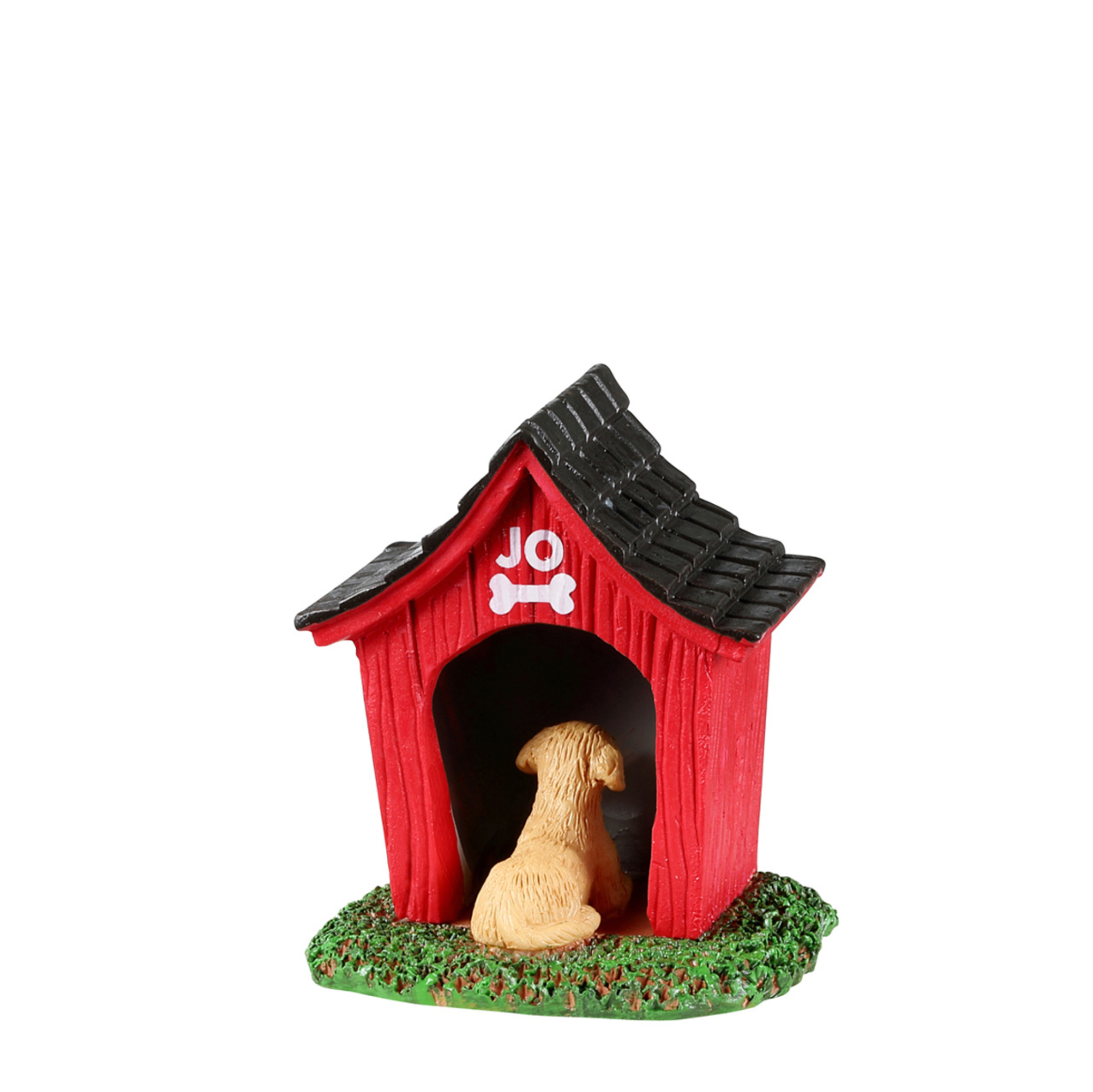 Lemax Red doghouse with a black roof featuring the letters 'JO' and a bone symbol, with a dog inside on a white background.