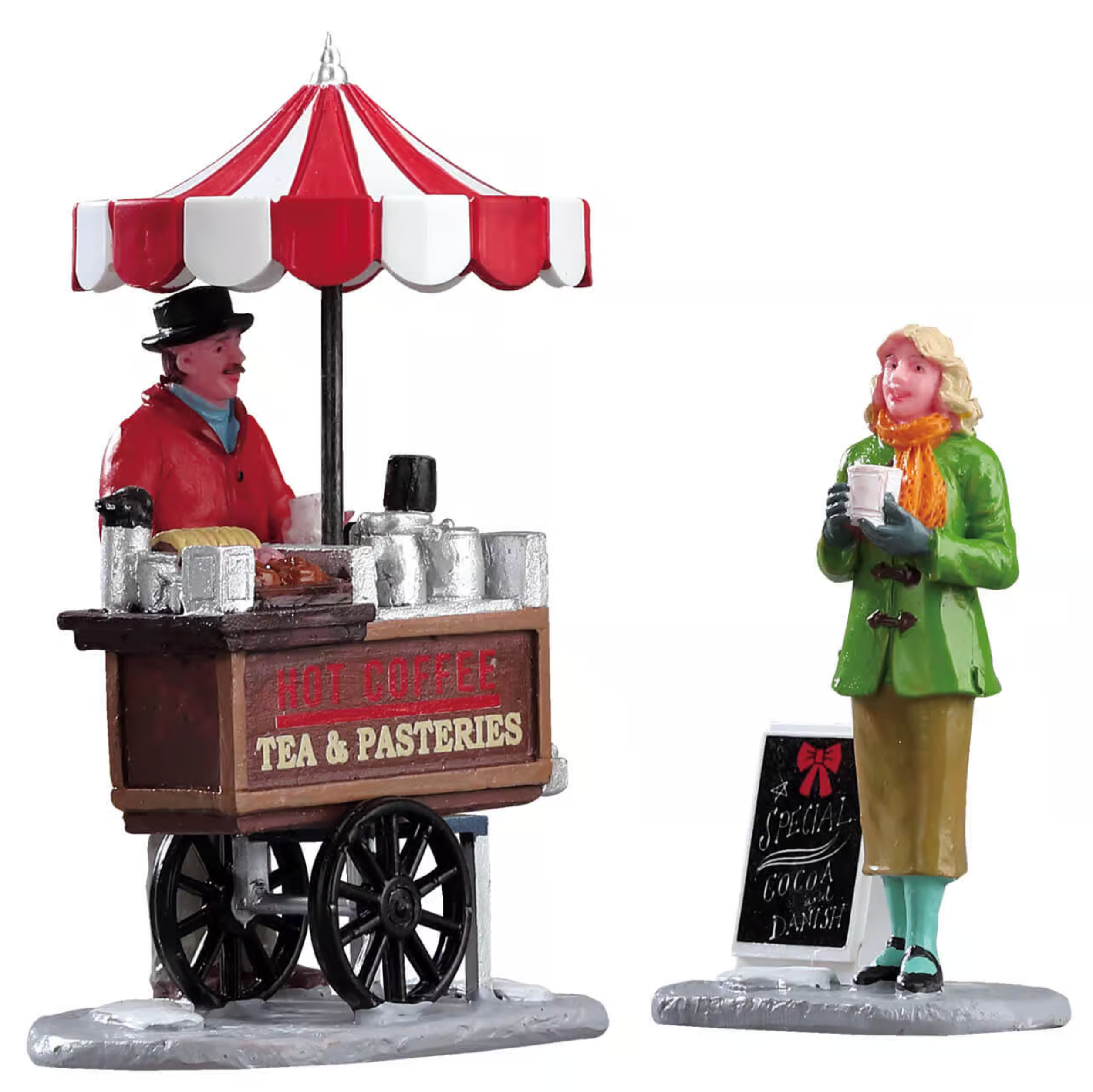 Figurine set with a hot coffee cart and a customer on a white background